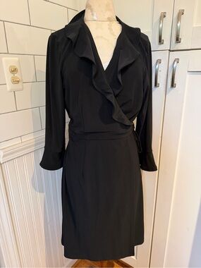 Joan Rivers Black Long Sleeve Wrap Dress with Ruffle Collar and Sleeves